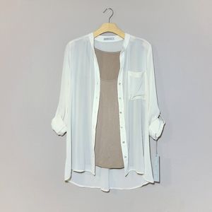 NWT Mesmerize Cream Sheer Buttom Down Blouse with Attached Tank Top